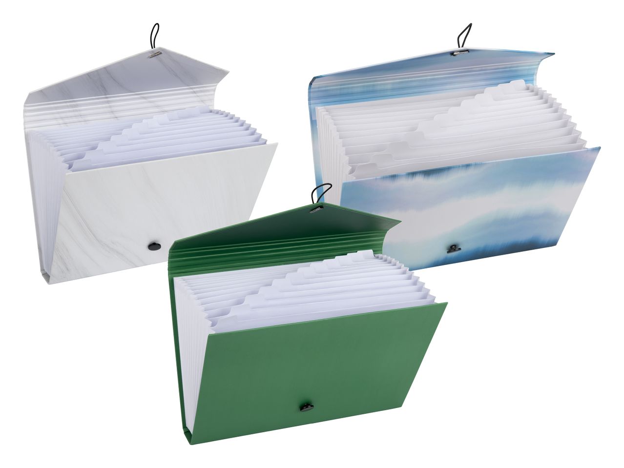 Drei Fächermappen in Weiß, Blau und Grün mit Gummibandverschluss