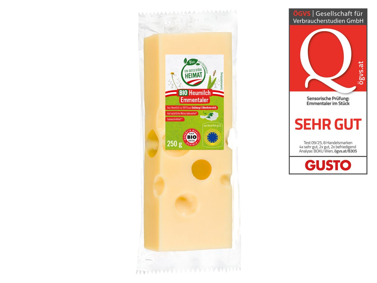 Bio Heumilch Emmentaler Käseblock mit „Sehr Gut“ Bewertung von ÖGVS