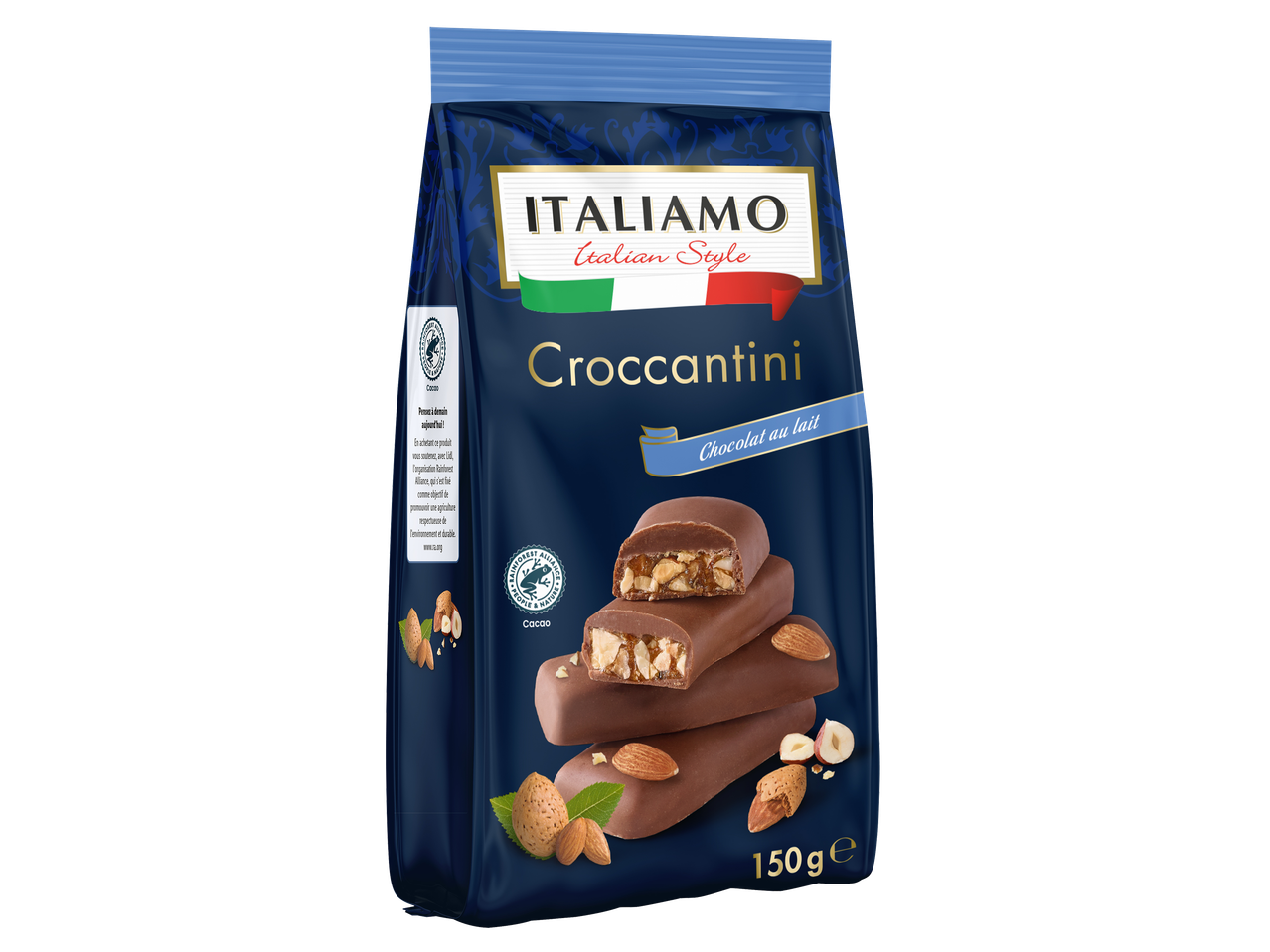 Sachet de croccantini au chocolat au lait avec amandes et noisettes, 150g.
