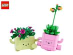 Two smiling plant pots, one light green with pink flowers, one pink with green leaves and star-shaped flowers.