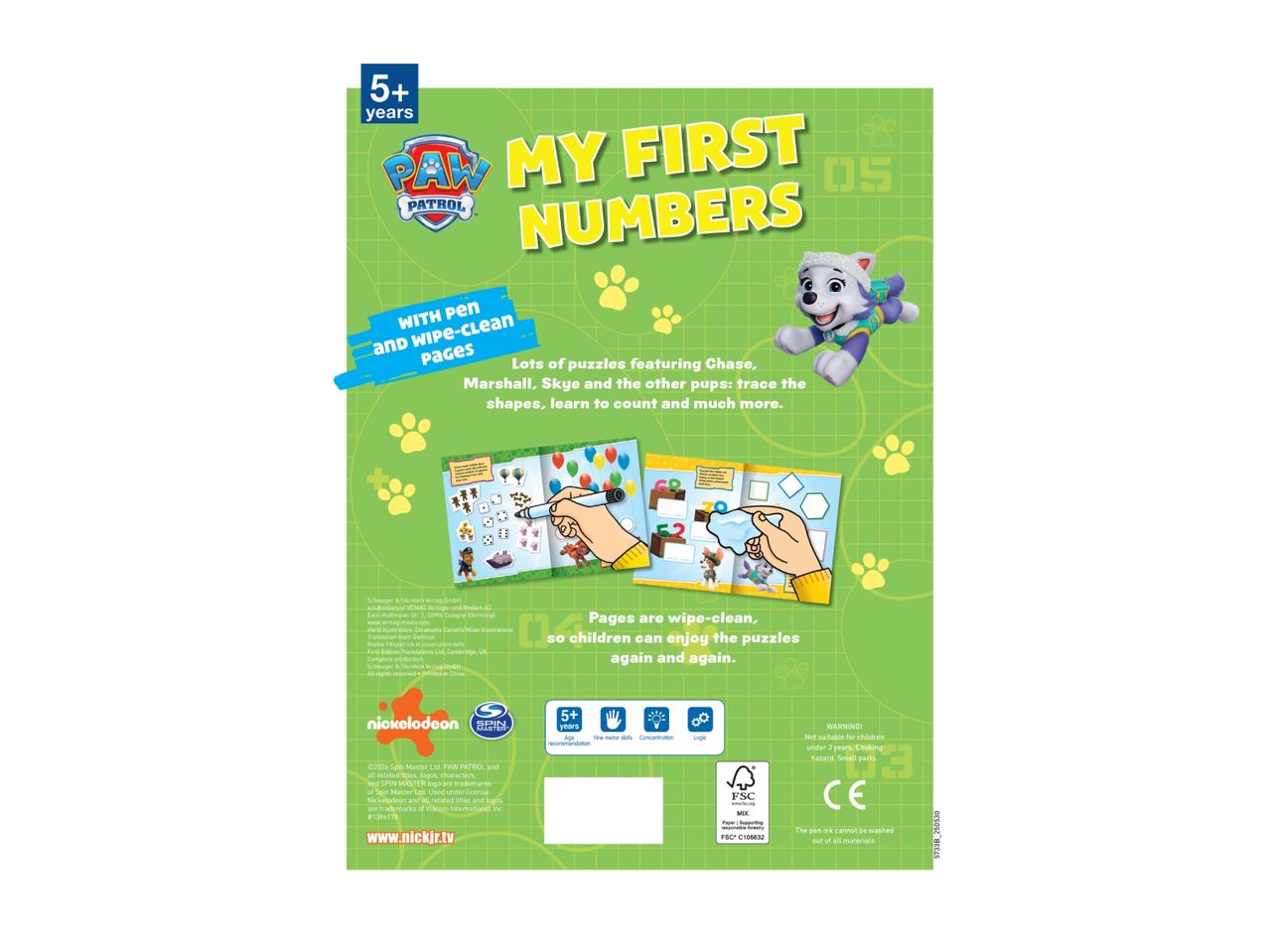 Children's activity book for ages 5+ with wipe-clean pages, featuring numbers and puzzles.