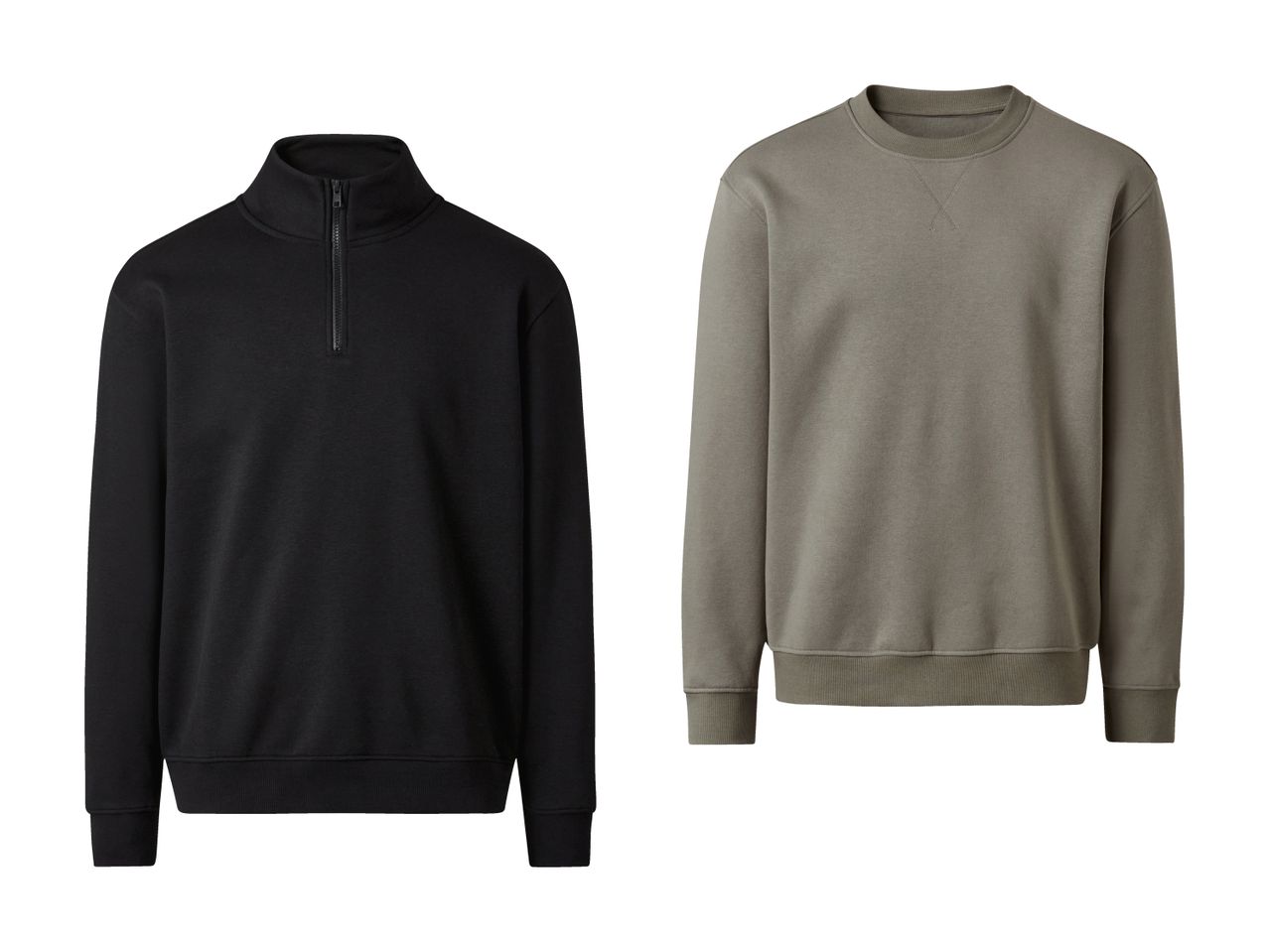 To trøjer, en sort med lynlås og en grå sweatshirt.