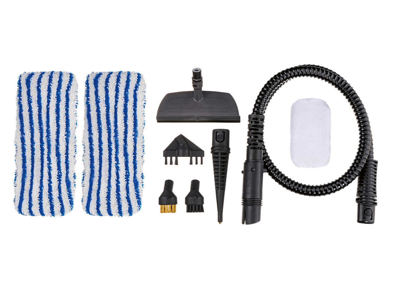 Gőztisztító tartozékok: két kék-fehér mikroszálas kendő, padlótisztító fej, kefék és tömlő.
