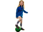 Young girl in a blue training jersey and white shorts, with a green Gaelic football.