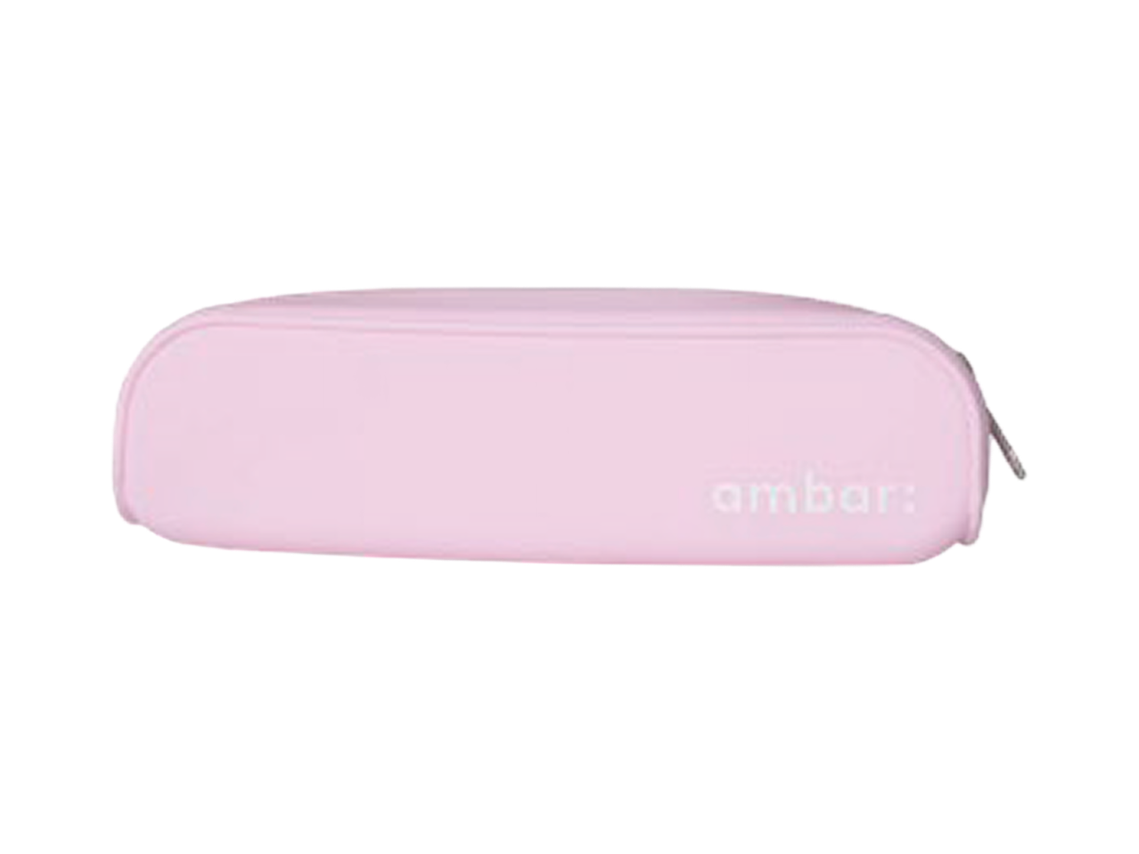 Estojo rosa pastel com fecho de correr e o nome da marca em relevo.