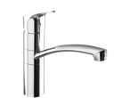 A sleek, modern chrome kitchen faucet with a high-arc spout.