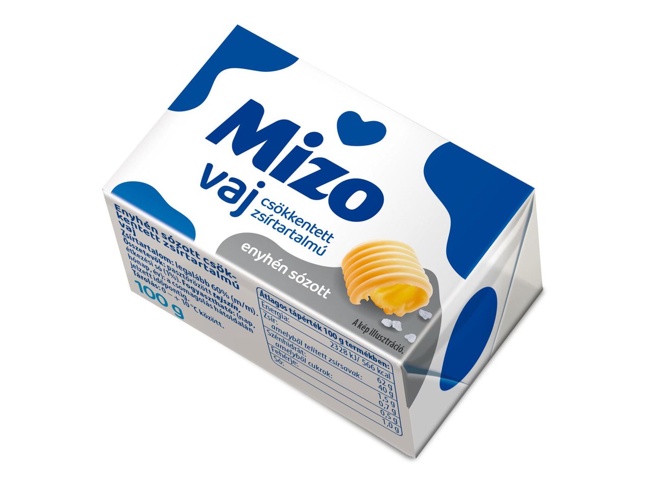 Mizo csökkentett zsírtartalmú, enyhén sózott vaj csomagolás.