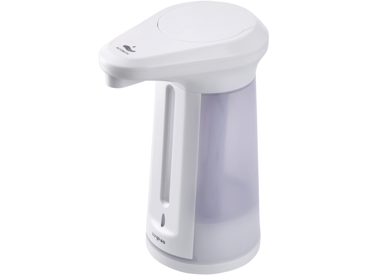 Valge LIVARNO HOME elektriline seebidosaator automaatse anduri ja läbipaistva mahutiga.