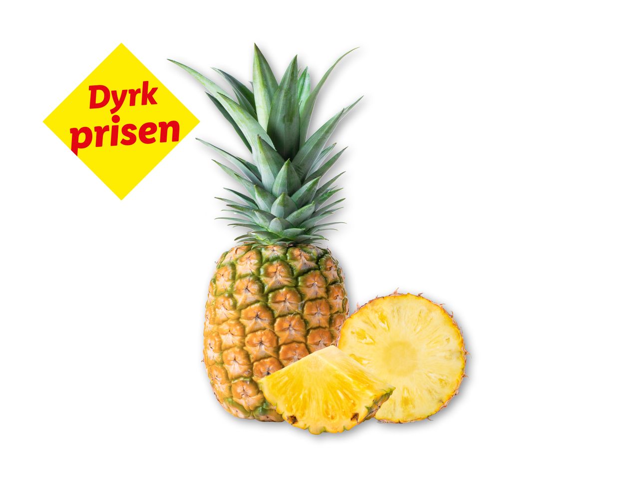 Ananas med skiver og teksten 'Dyrk prisen' på en gul diamantformet baggrund.