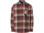 A red, brown, and beige plaid flannel shirt with a single chest pocket.