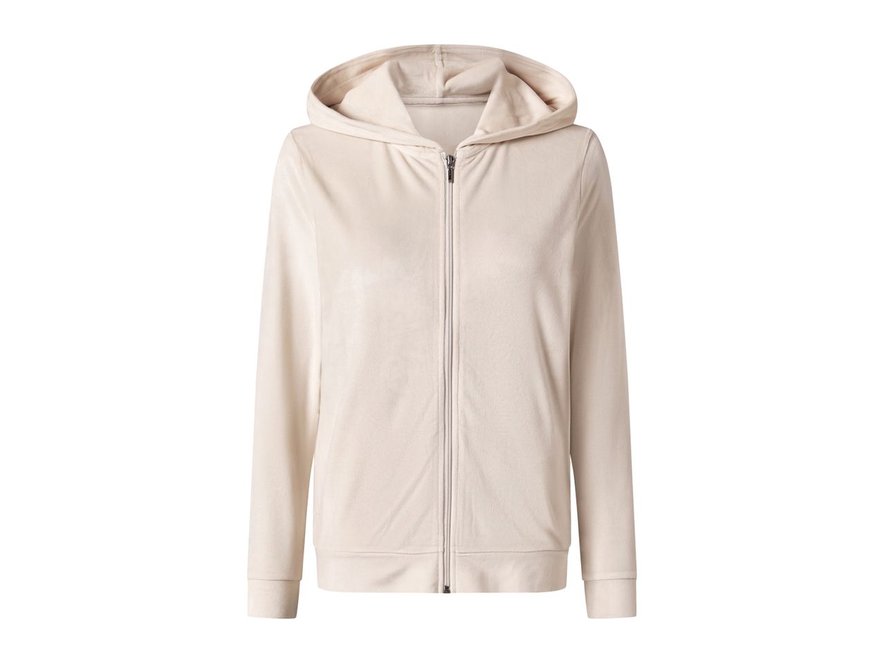 A light beige zip-up hoodie with a hood, made of a soft, possibly velvet or fleece material.