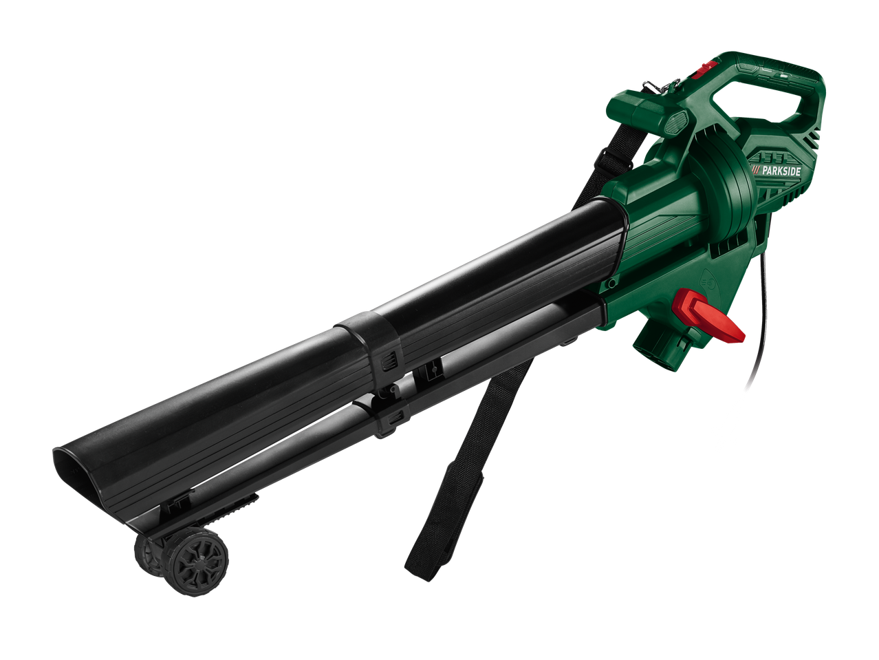 Roheline elektriline lehepuhur-imur rataste ja õlarihmaga