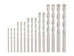 A set of various sized masonry drill bits with carbide tips, arranged in ascending order.