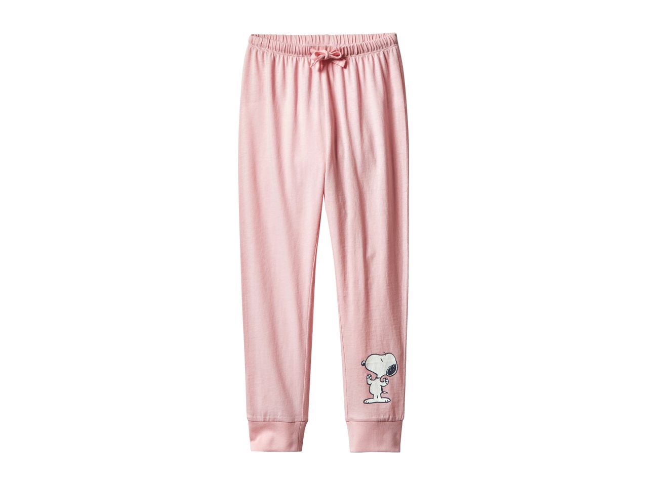 Pink Snoopy pajama pants with a bow detail on the waistband.