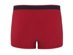 Red men's boxer briefs with a dark blue waistband, back view.
