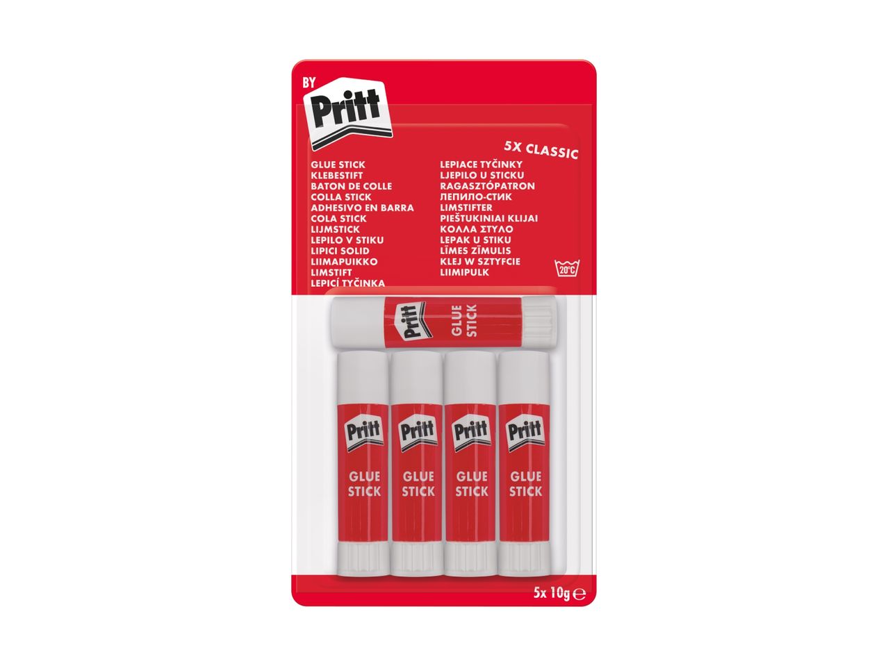 Pack of five classic glue sticks, 10g each, with multilingual product names.