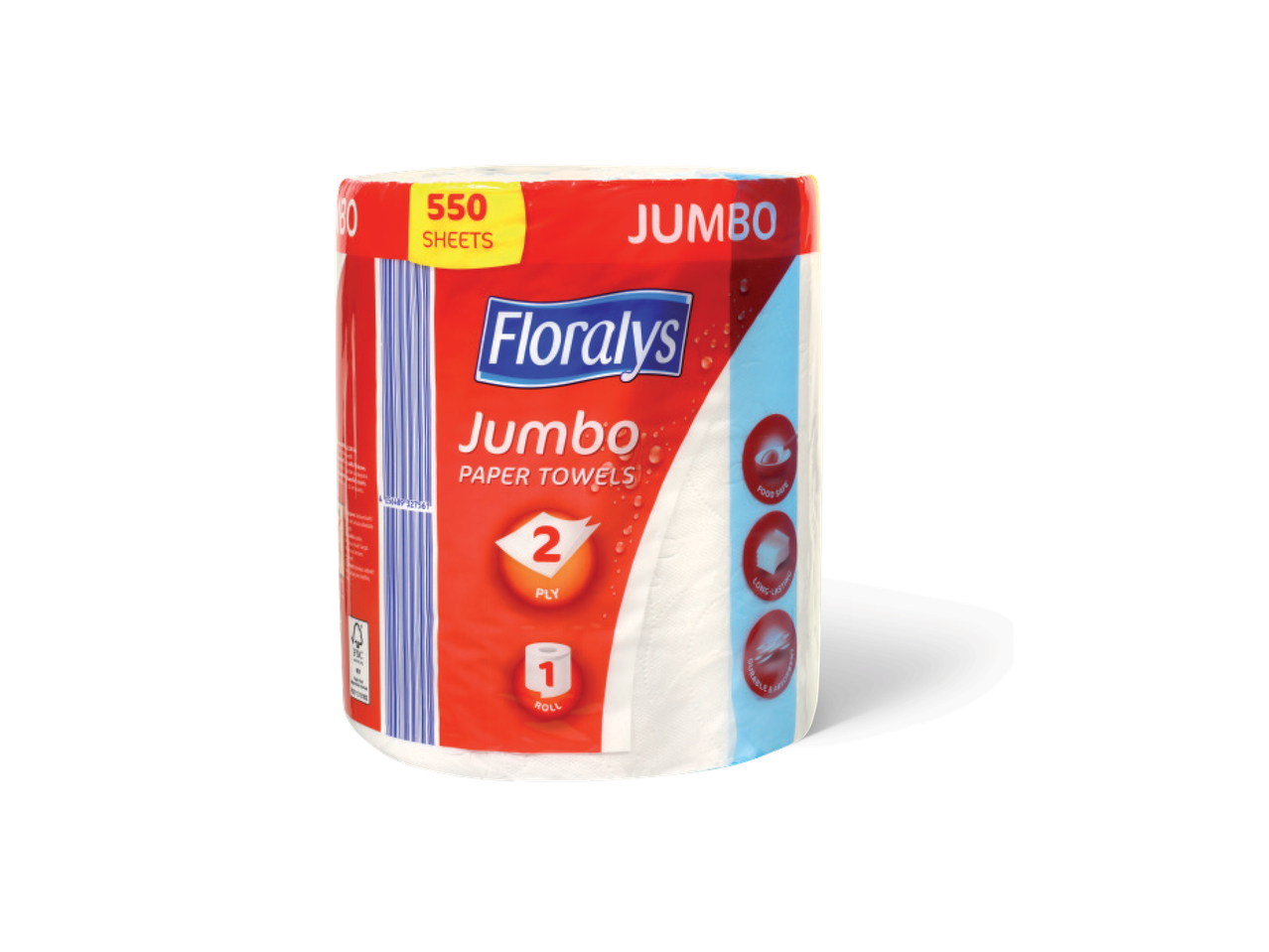 Jumbo papīra dvieļu rullis ar 550 loksnēm un 2 kārtām.