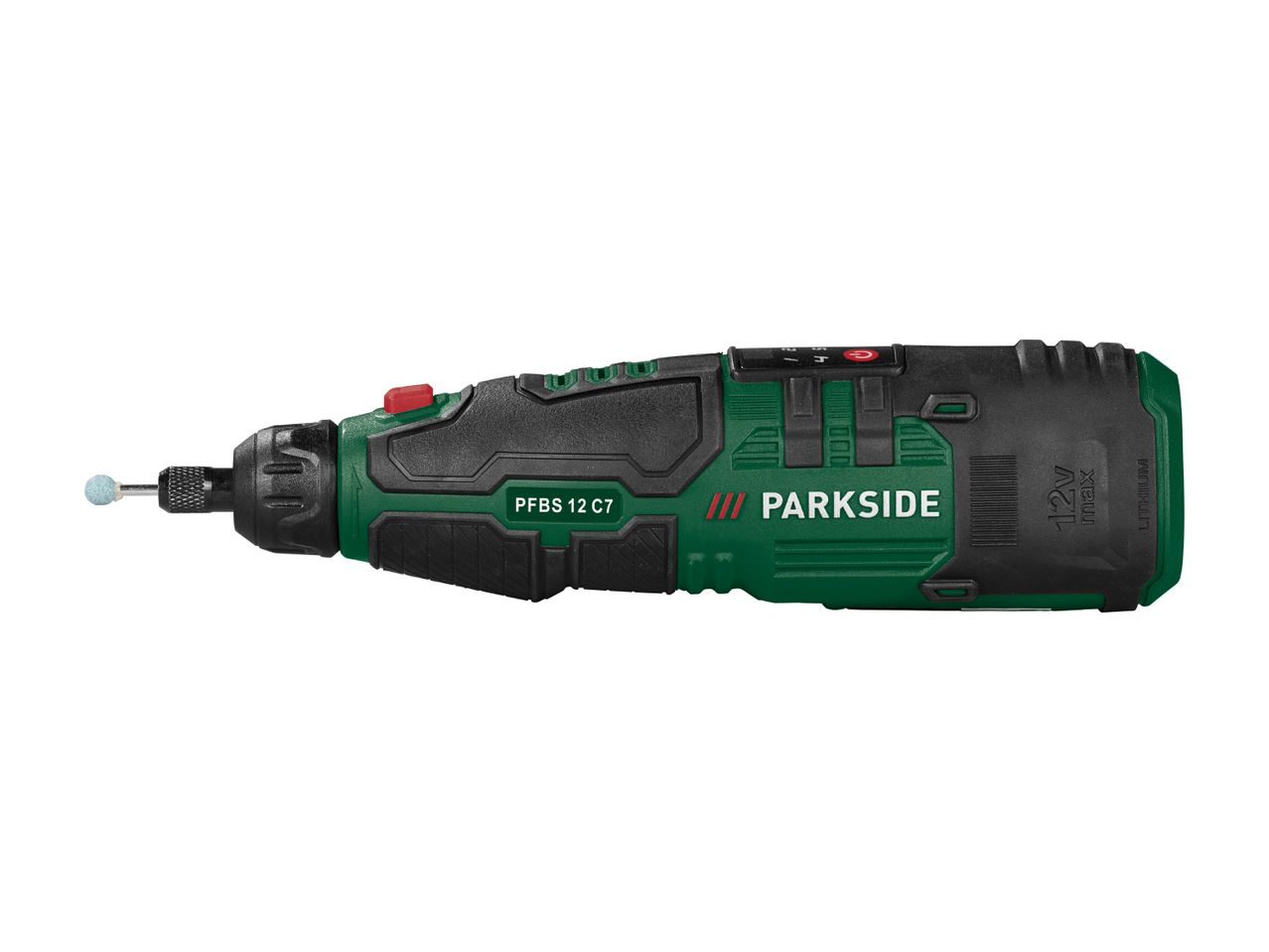 Cordless rotary tool with a grinding bit, 12V lithium battery.