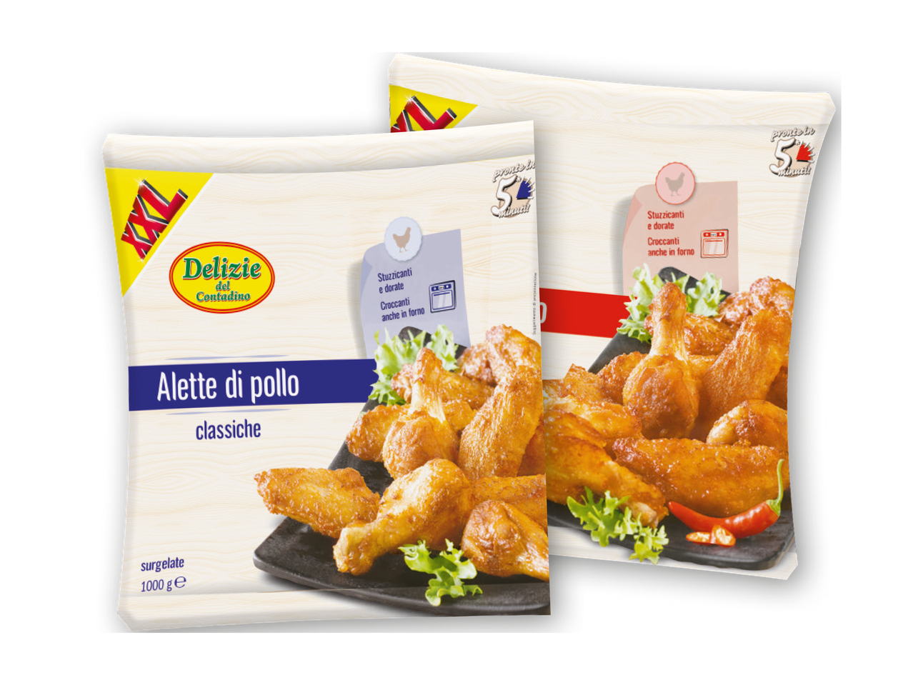 Two packages of Delizie del Contadino chicken wings, one classic and one spicy.