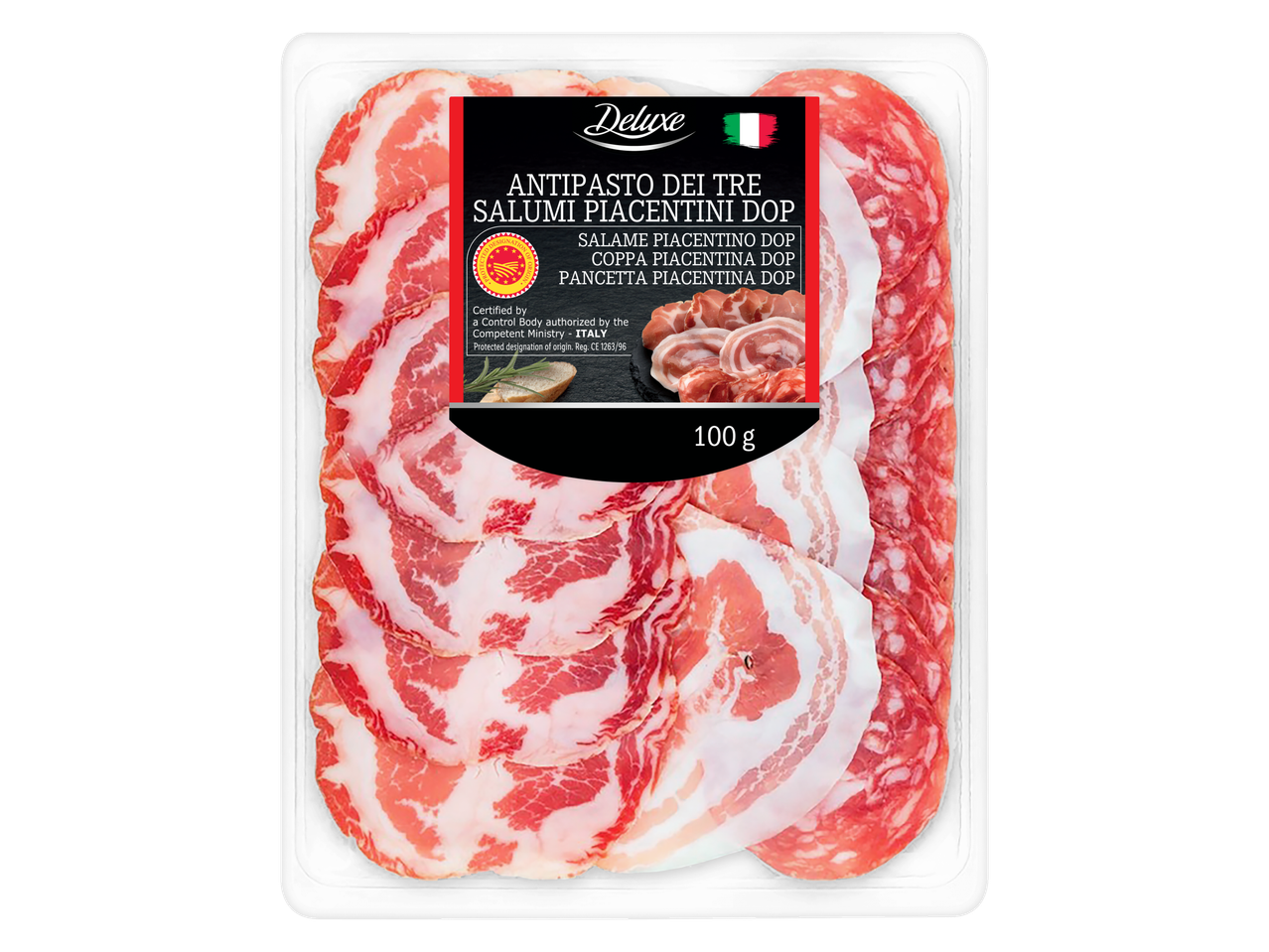 Antipasto su Piacentino saliamiu, Coppa ir Pancetta, 100 g, su DOP sertifikatu.