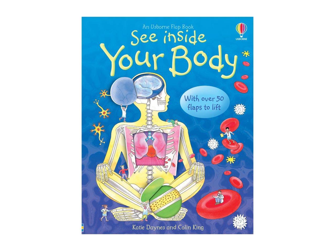 Usborne 'See Inside Your Body' flap book with illustrations of the human skeleton, organs, and blood cells.