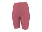 Pink ribbed cycling shorts with a high waist, isolated on a white background.