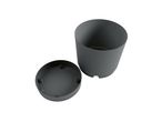 Plastic plant pot and saucer, grey.