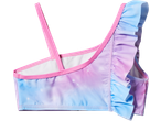 Top de biquíni para menina com gradiente de cores pastel, folhos e alças cor-de-rosa.
