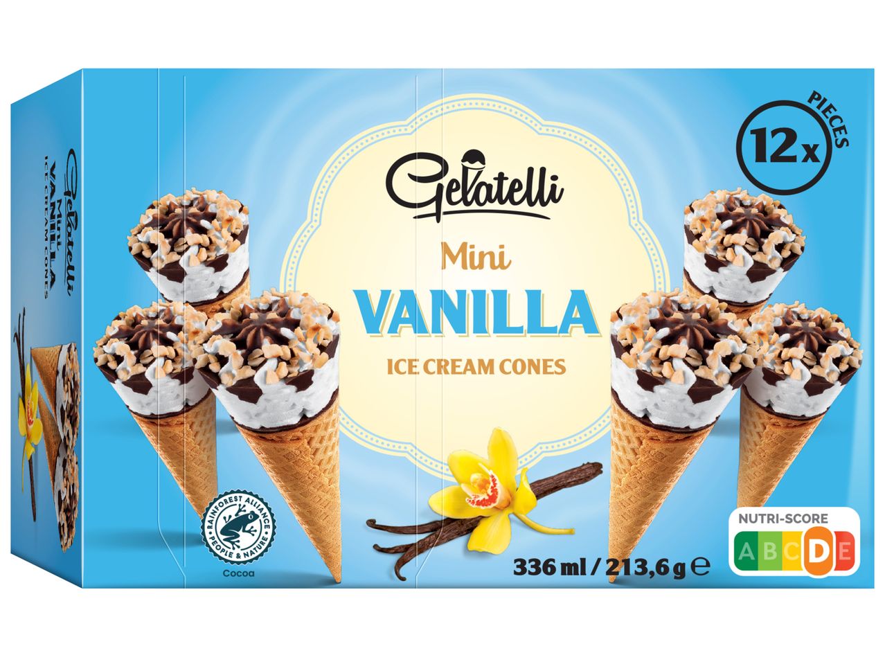 Кутия с 12 мини сладоледи във фунийка Gelatelli, ванилия.