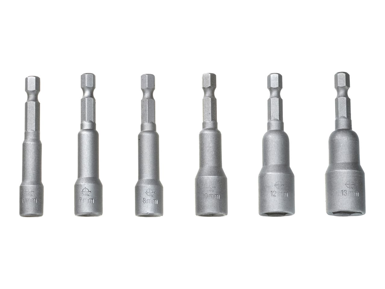 Set of six silver hex nut driver bits, ranging from 6mm to 13mm.