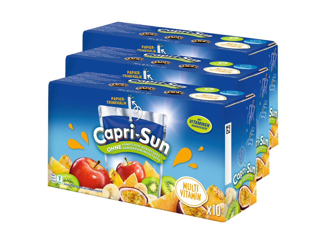 Drei Packungen Capri-Sun Multi Vitamin mit Früchten und der Aufschrift „PAPIER-TRINKHALM“.