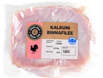 Pakendatud kalkuni rinnafilee, millel on näha kaal, hind ja säilivusaeg.