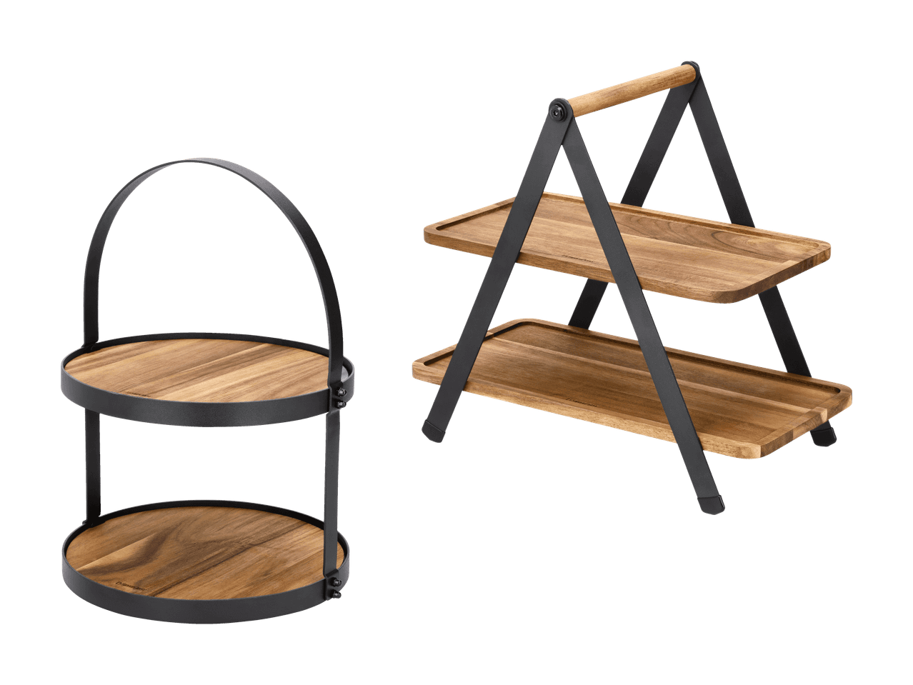 Deux étagères de service en bois et métal noir, une ronde et une rectangulaire.