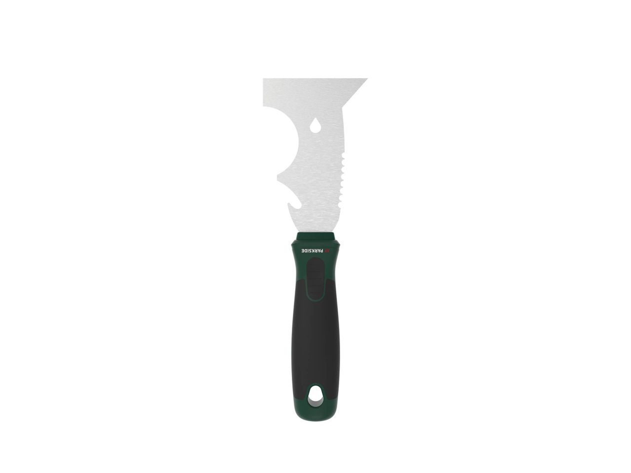 A multi-tool with a silver blade and a black and green handle, featuring the Parkside logo.
