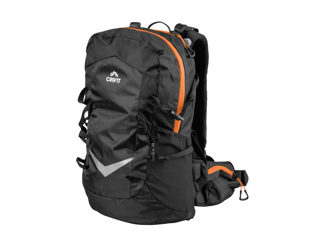 Black CRIVIT hiking backpack with orange accents and reflective details.