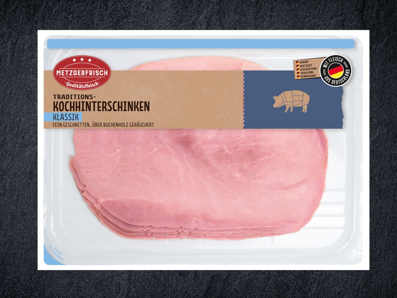 Verpackte Scheiben klassischer Kochschinken Metzgerfrisch.