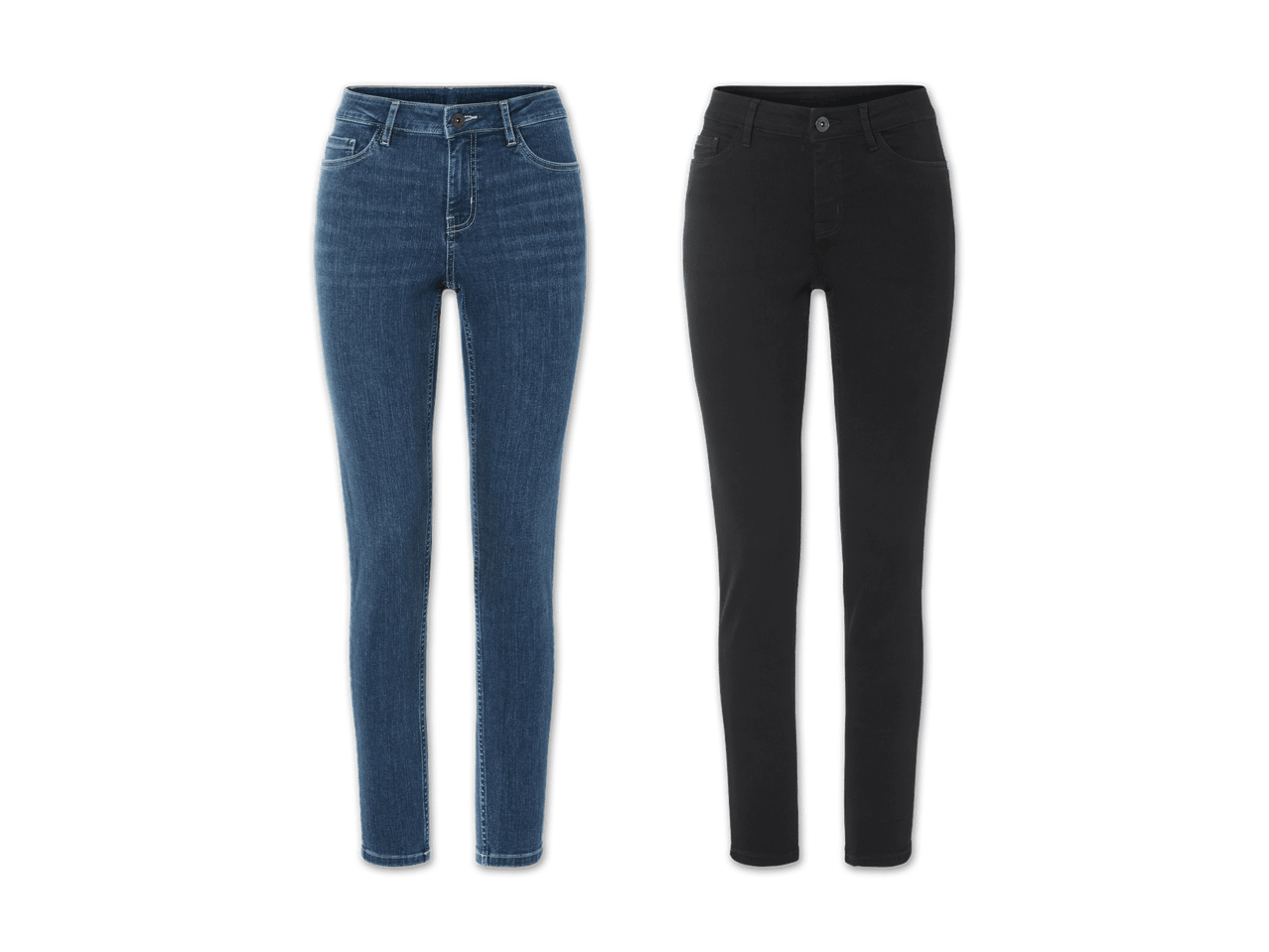Zwei Paar Damenjeans: eine blaue und eine schwarze.
