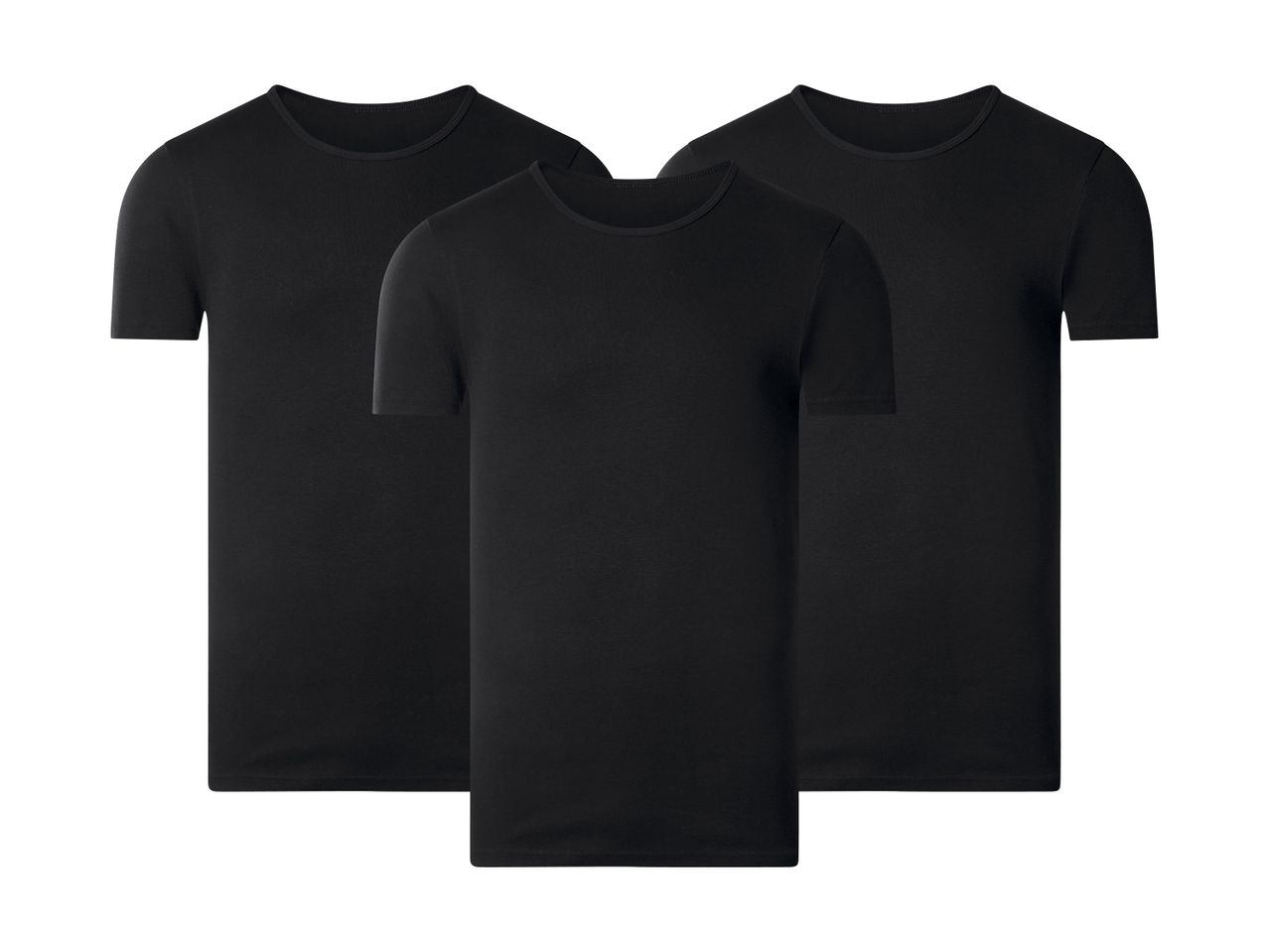 Tre sorte T-shirts med rund hals, stablet forskudt på en hvid baggrund.