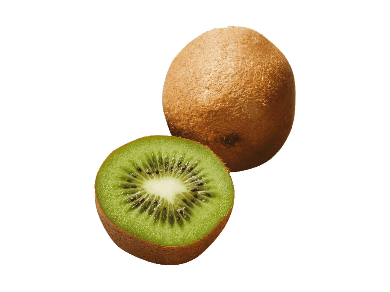 Eine ganze Kiwi und eine halbierte Kiwi mit grünem Fruchtfleisch und schwarzen Kernen.