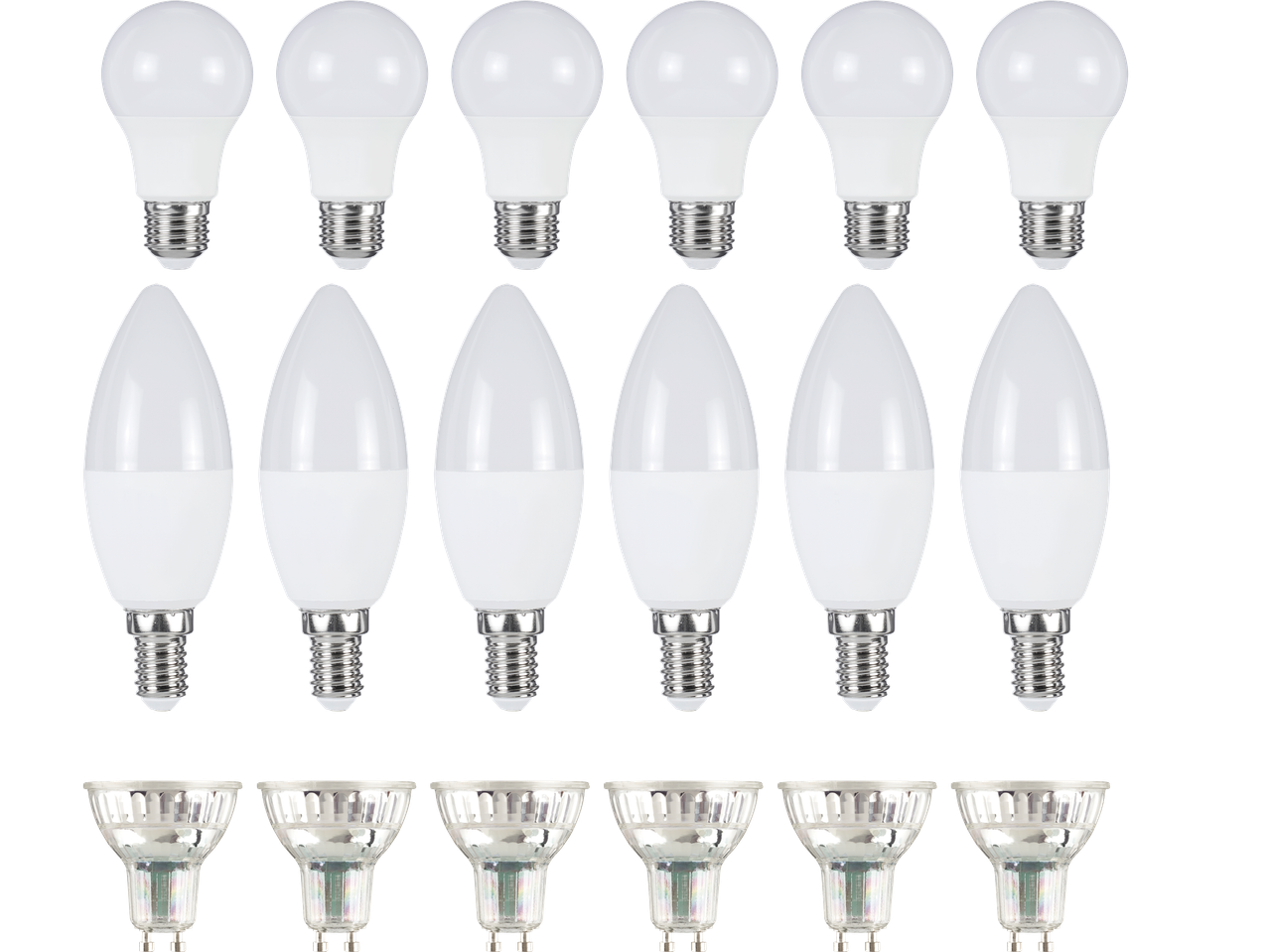En samling av olika LED-lampor, inklusive standard-, kron- och spotlight-typer.