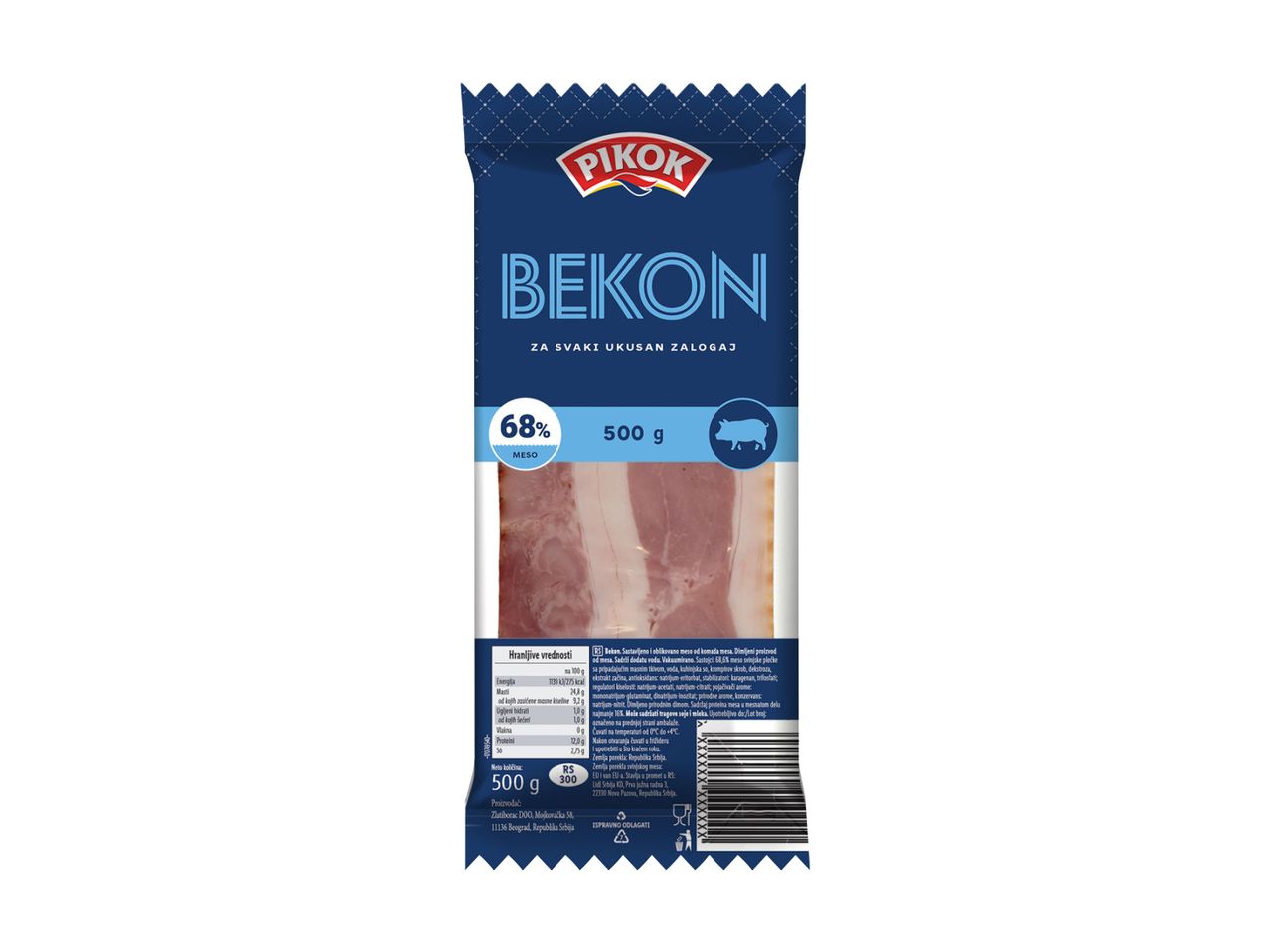 PIKOK Bekon, 500g pakovanje dimljenog slaninice.