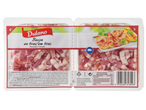 Dulano Bacon em tiras, fumado, embalagem de 250g com informação nutricional e instruções de preparação.