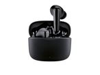 Black wireless earbuds in an open charging case.