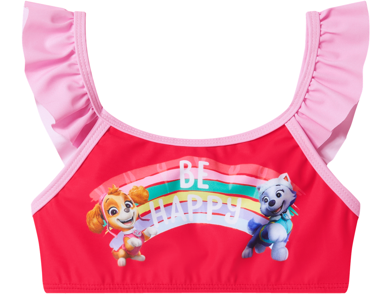 Top de biquíni vermelho para menina com folhos rosa e estampado da Patrulha Pata com arco-íris e texto 'BE HAPPY'.