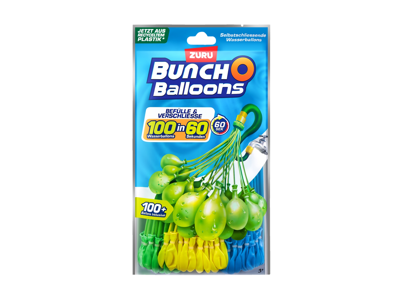 Water balloons that self-seal, filling 100 in 60 seconds, made from recycled plastic.