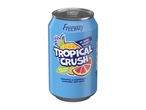 Light blue can of tropical crush soft drink with pineapple and grapefruit illustration.