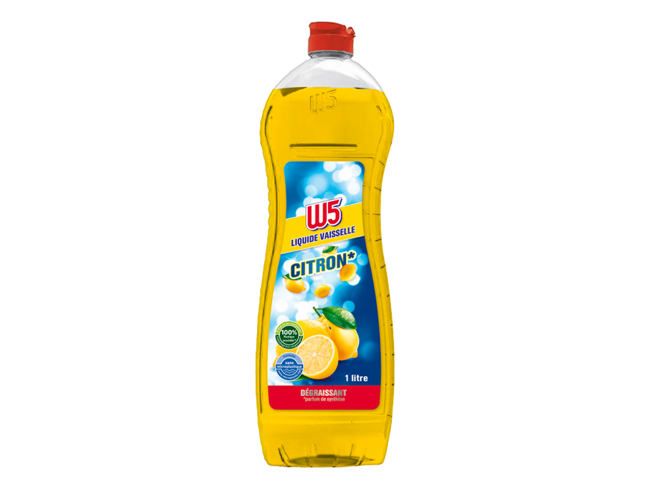 W5 Liquide vaisselle citron, 1 litre, dégraissant, formule sans microplastique, emballage 100% recyclable.