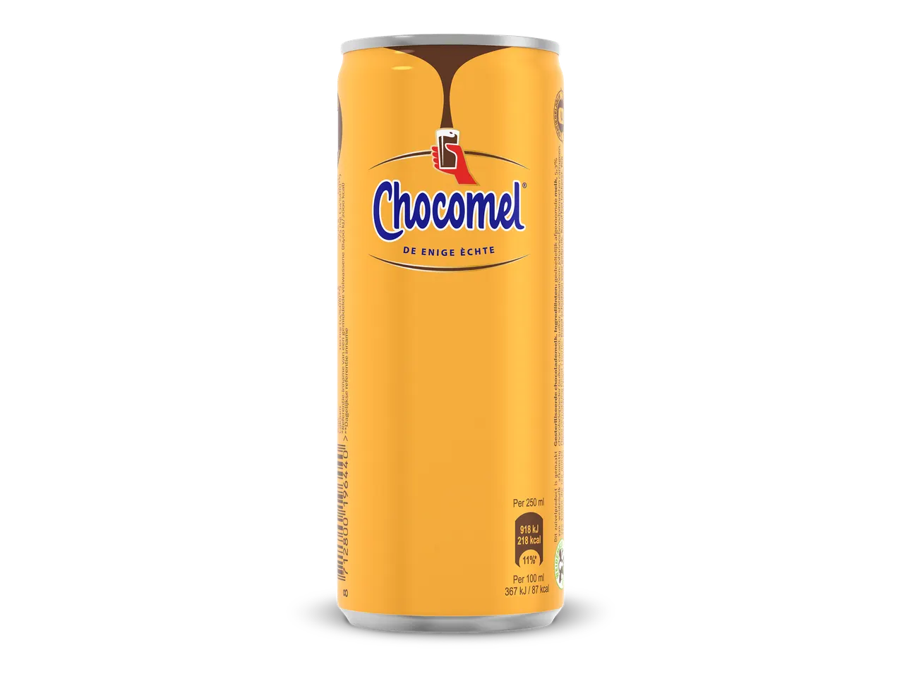 Een bruine blikje chocolademelk met de tekst 'DE ENIGE ÈCHTE' en voedingsinformatie.