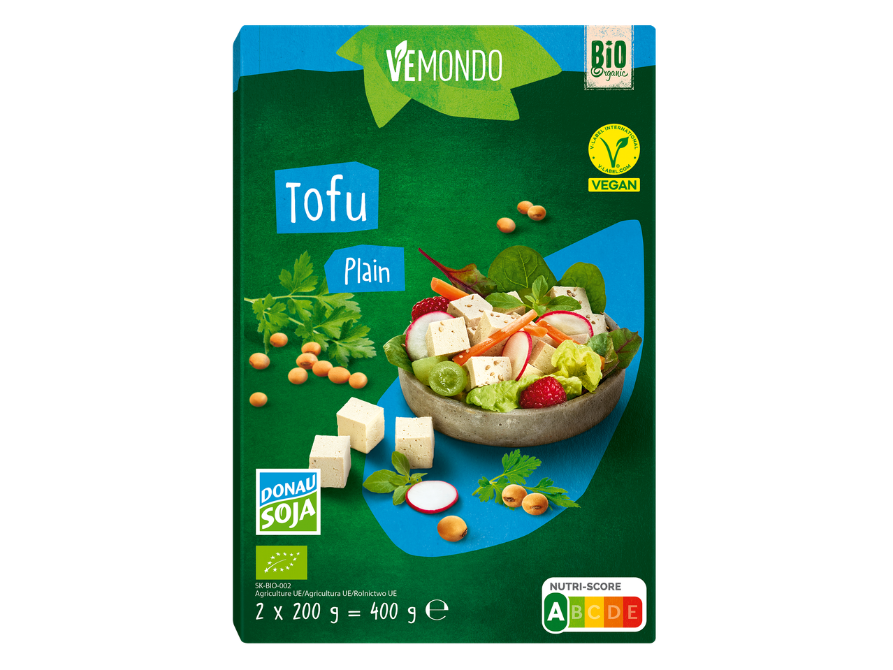 Emballage de tofu nature bio avec un saladier de tofu et de légumes, et des logos végétalien et Nutri-Score.