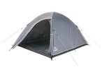 Grey dome tent with an open entrance, featuring guy lines and a dark interior.